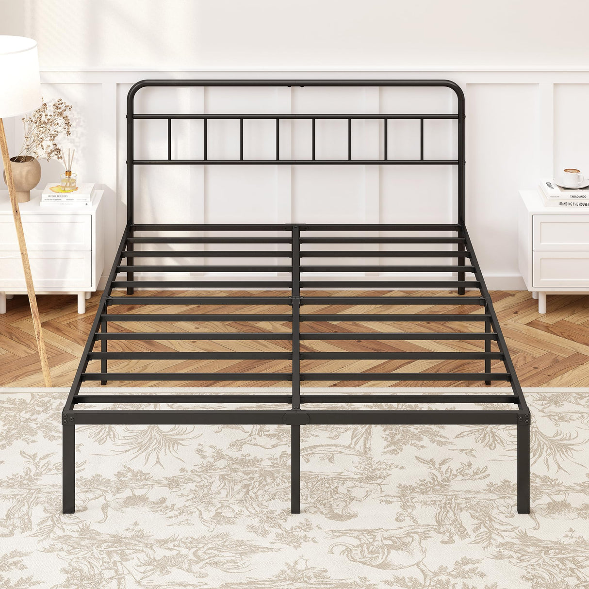 Kujielan 12 inches King Size Bed Frame with Minimalist headboard,Metal Platform Base with Strong Metal Slats,Mattress Foundation for Under Bed Storage,Easy Assembly,Black Kujielan