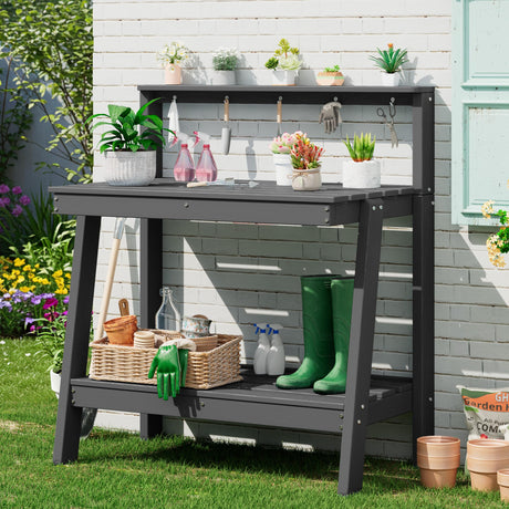 SERWALL Potting Bench Outdoor with Storage, 3-Tier HDPE Gardening Table with Angled Legs & Tool Hooks, All-Weather Heavy Duty Potting Table for Patio, Backyard, Garden, Gray SERWALL