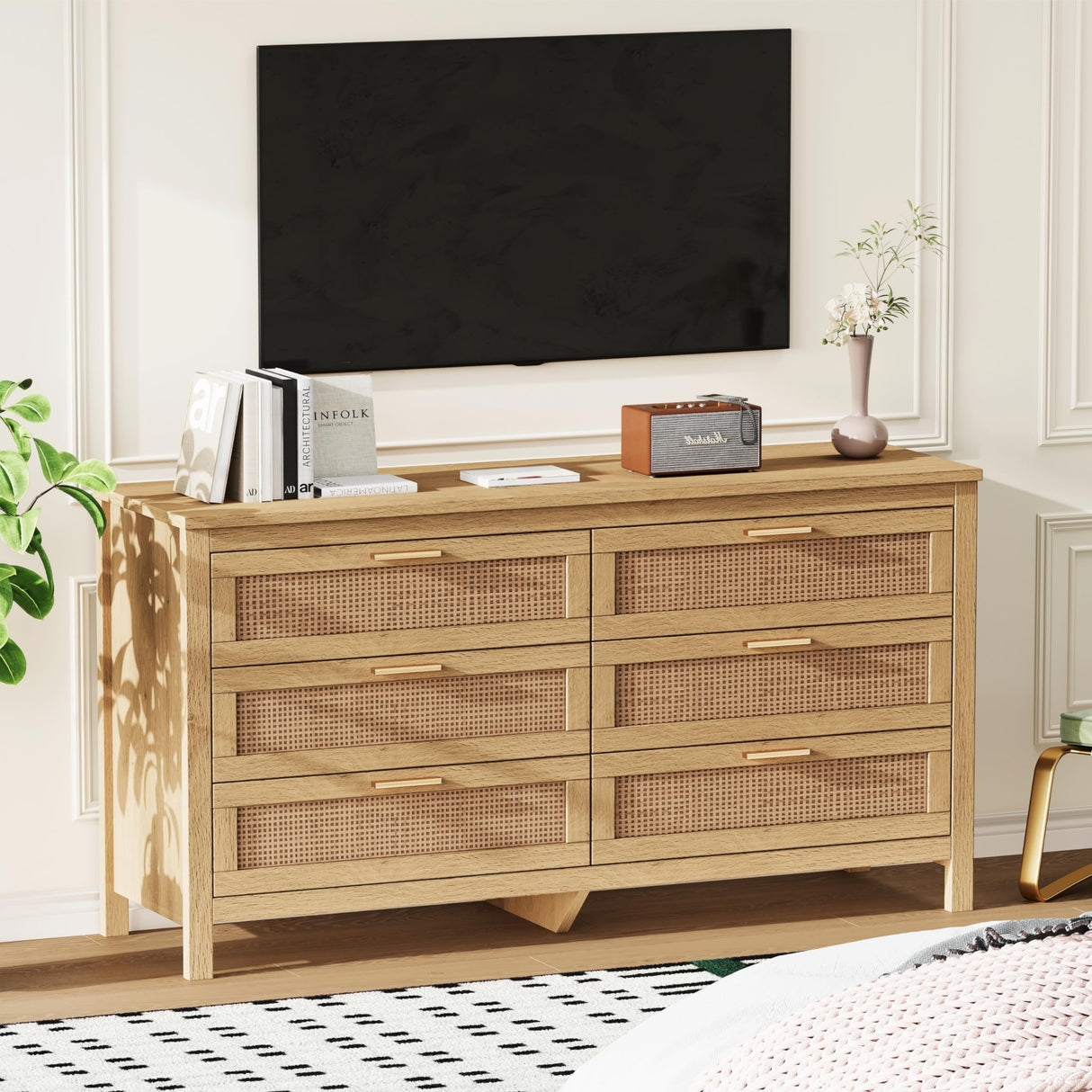 Keehusux Rattan 6 Drawer Dresser for Bedroom, Wooden Storage Chest of Drawers with Metal Handles, Double Dresser Chest for Living Room, Entryway, Natural KES002MDG Keehusux