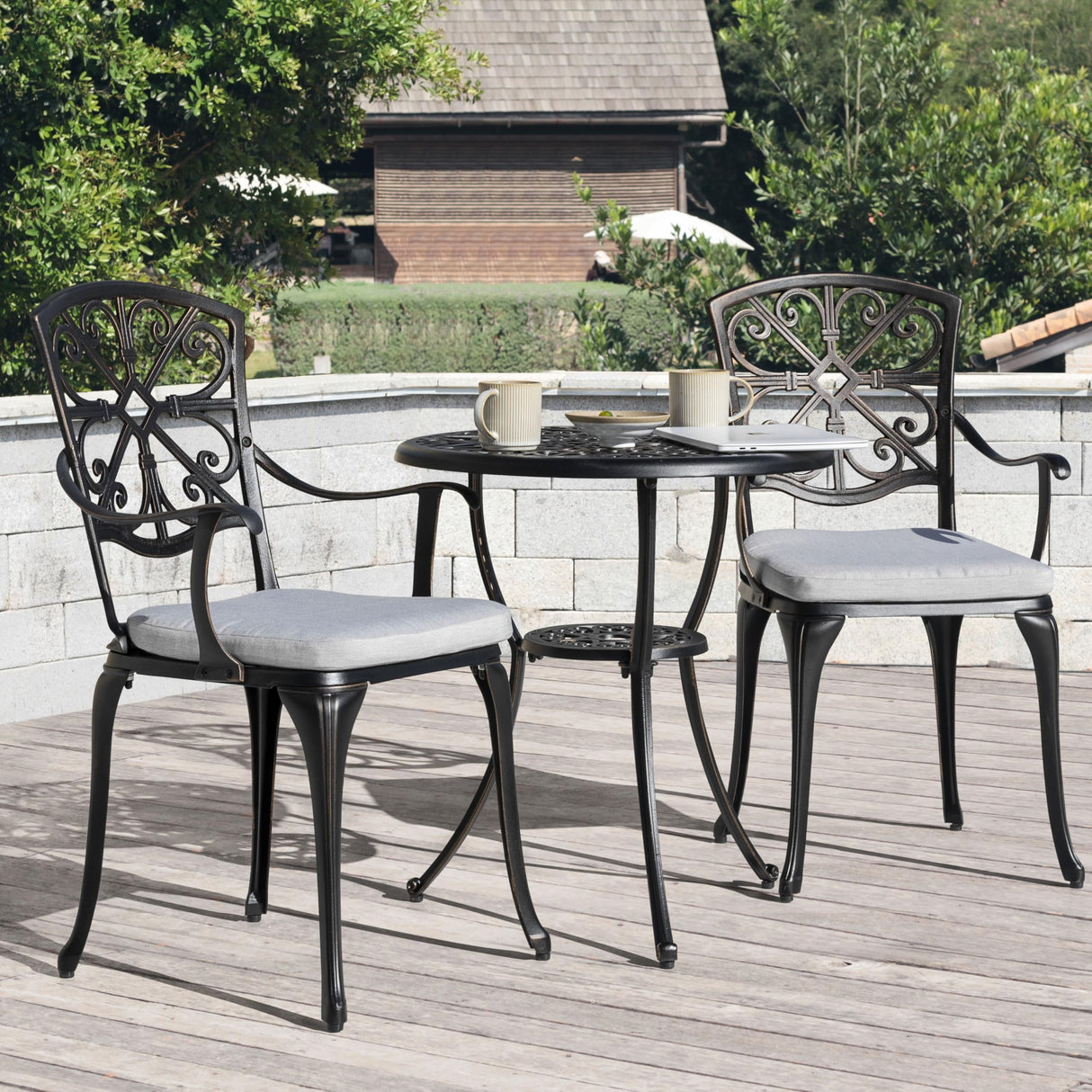 NUU GARDEN Bistro Set 3 Piece Outdoor All Weather Cast Aluminum Patio Bistro Set Patio Table and Chairs Set of 2 with Umbrella Hole and Grey Cushions for Backyard, Balcony, Lawn, Black NUU GARDEN