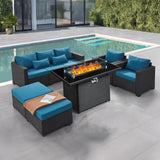 6 Pieces Outdoor Patio Furniture Sets with Furniture Cover, PE Rattan Wicker Patio Conversation Set with 60000 BTU Outdoor Propane Fire Pit Table(Peacock Blue, Fire Pit Table) wudipatio