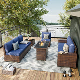 UDPATIO Patio Furniture Set with Fire Pit Table, 8 Inch Armrest Outdoor Sectional Sofa, 9 Piece Wicker Outdoor Furniture Conversation Sets with Waterproof Cover for Backyard Deck(Brown/Navy Blue) UDPATIO