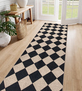 Lahome Checkered Easy Jute Runner Rug, 2x8 Hallway Kitchen Runner Rug Non Slip Washable Outdoor Carpet for Entryway Indoor, Checkerboard Black Indoor Outdoor Carpet for Hallway 8ft Entry Lahome