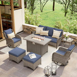 SUNSITT Outdoor Furniture Set with Fire Pit Table Wicker Patio Conversation Set 7-Piece Patio Sectional Furniture Set with Gas Firepit with Swivel Patio Chair Grey Wicker & Denim Blue Cushion SUNSITT