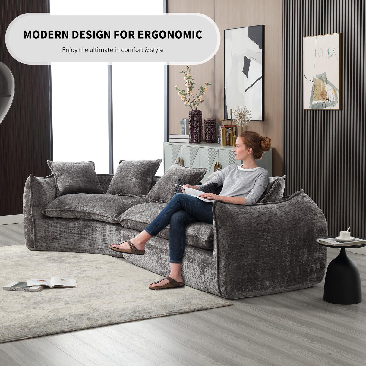 SmartEdge 125'' Modular Curved Sofa Couch, Chenille Deep Seat Sofa with 5 Pillows, Comfy 5 Seat Sofa Cloud Couch, Modular Sectional Sofa for Living Room Apartment Office, Grey SmartEdge