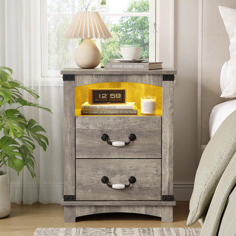 Maupvit Farmhouse Night Stand with Charger Station & Ceramic Handle, Wood Nightstand with 2 Storage Drawers, LED Bedroom Nightstand, Bedside Tables, Grey Maupvit