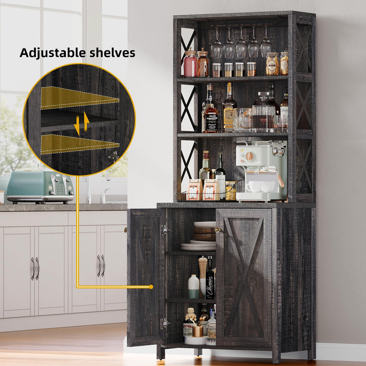 DWVO 67" Tall Wine Bar Cabinet for Liquor and Glasses, Farmhouse Kitchen Cabinet Coffee Bar with Adjustable Shelves, Open Storage Shelves, Buffet Kitchen Cabinet for Dinning Room, Kitchen, Rustic Oak DWVO