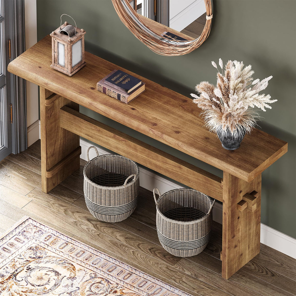 TRIBEWOOD Solid Wood Console Table for Entryway, 63-Inch Long Farmhouse Sofa Table Behind Couch, for Foyer, Hallway, Living Room TRIBEWOOD