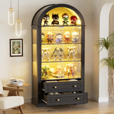 PAKASEPT 73'' Tall Arched Display Cabinet with Glass Doors,4-Tier Curio Cabinet with LED Lights for Collectibles Bookcase,Farmhouse Bookshelf China Storage Kitchen Pantry for Living Room,Black PAKASEPT