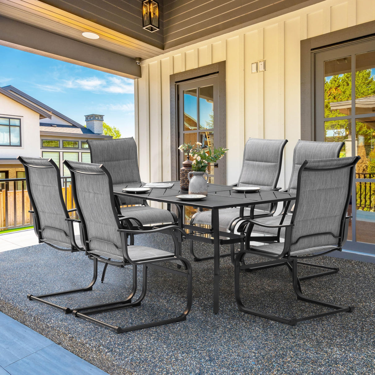 NUU GARDEN 7 Piece Outdoor Dining Set, 6 All Weather Padded Textilene Patio Chairs and 61" Rectangular Dining Table with 1.77" Umbrella Hole, for Garden, Patio, Light Grey and Black NUU GARDEN