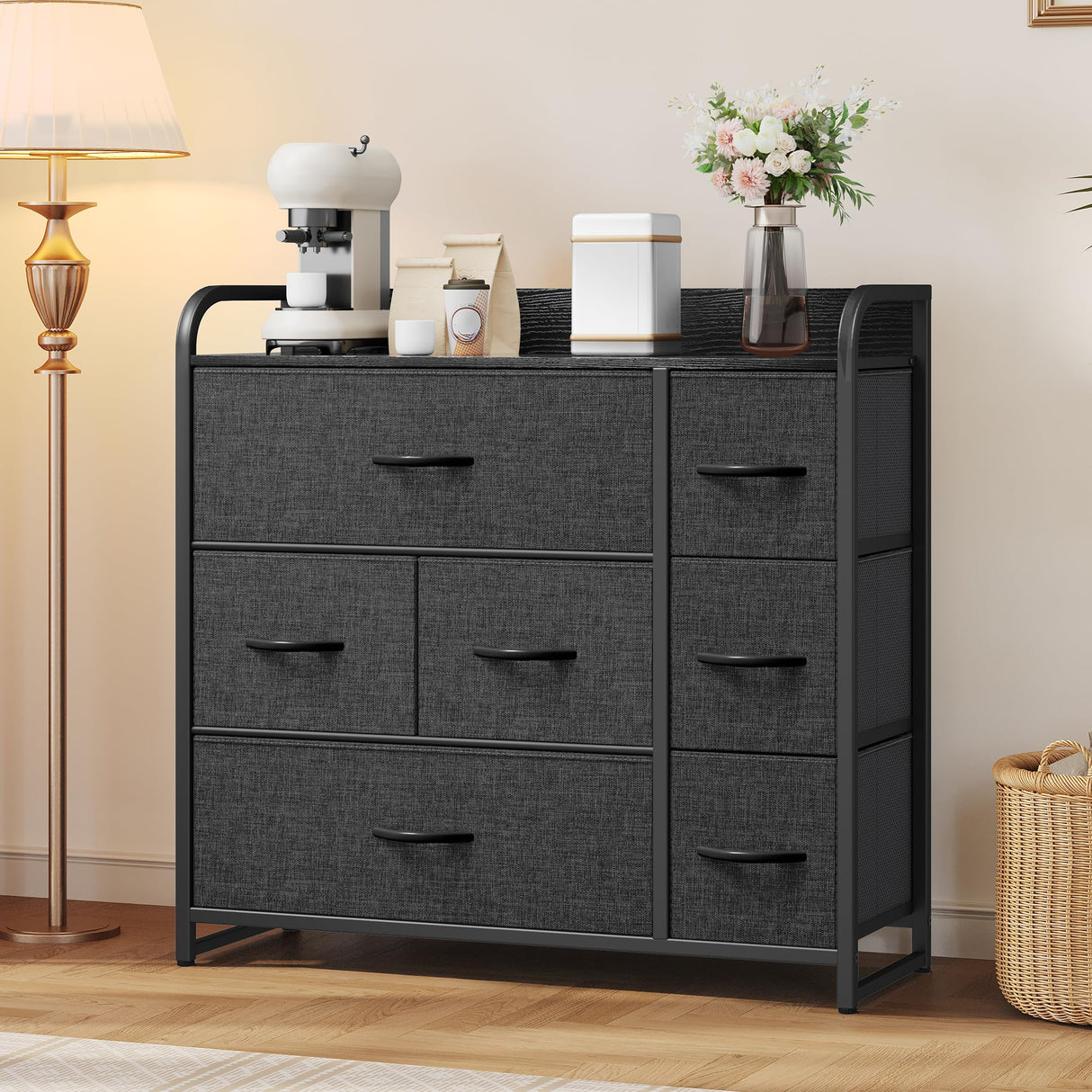 YITAHOME Dresser for Bedroom, Fabric Dresser with 7 Drawers, Furniture Storage Tower Cabinet for Bedroom, Living Room, Hallway, Closet, Black Wood Grain YITAHOME