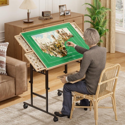 Puzzle Table with Drawers for Adults - Jigsaw Puzzle Table with 1500 Piece Puzzle Board, Adjustable 5-Tilting-Angle Board with Cover, Portable Puzzle Table with Foldable Legs, Present for Puzzle Lover