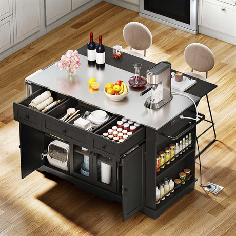 DWVO Kitchen Island w Stainless Steel Top Drop Leaf Bar Seating Power Outlet, 60" Large Rolling Mobile Center Islands w Folding Dropleaf Storage Drawer Cabinet Wheel Counter Height Metal Top, Black DWVO