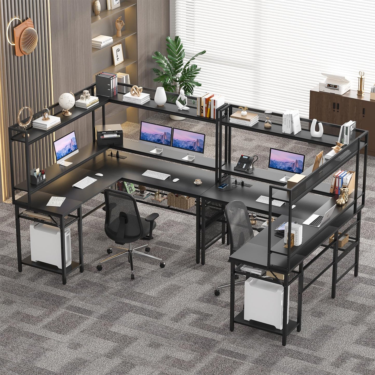 Unikito Reversible L-Shaped Desk with Power Outlets, RGB LED Lights & Storage Shelves in Black - WoodArtSupply