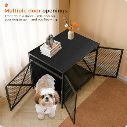 DWANTON Dog Crate Furniture, 25" L Three-Door Wooden Dog Kennel Indoor, Connectable Expansion, Wooden Dog Crate Table for Small/Medium/Large Dog, Dog House, Dog Cage Large, Black