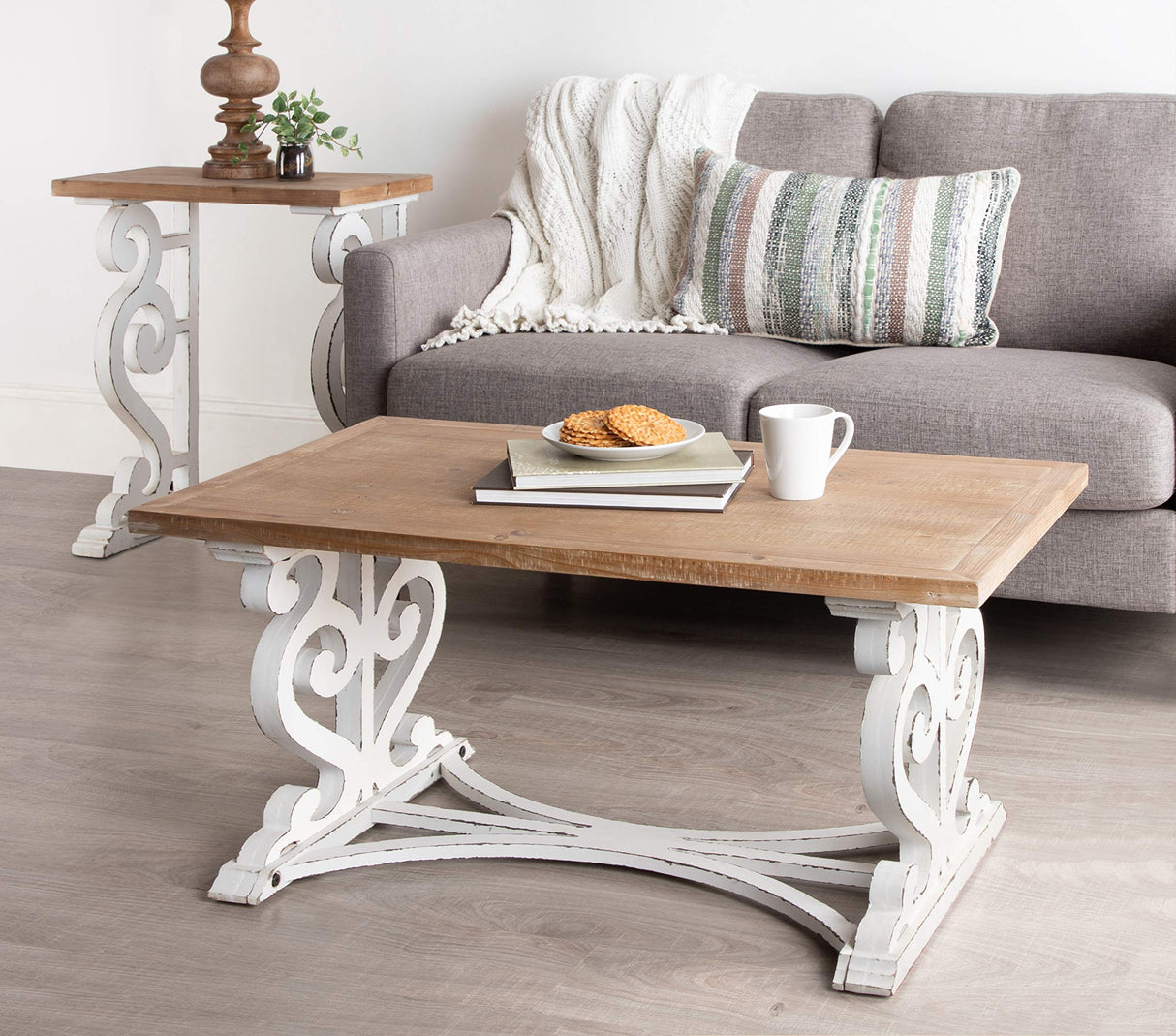 Kate and Laurel Wyldwood Rustic Carved Coffee Table, 38" x 23" x 18", Distressed Brown and White, Farmhouse-Inspired Living Room Decor Kate and Laurel