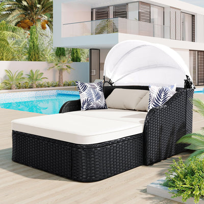 Patio Canopy Daybed with Canopy, 79.9" Outdoor Sunbed with Adjustable Canopy, Double Lounge Chair, PE Rattan Daybed for Garden Poolside Patio, Black Wicker and Beige Cushion