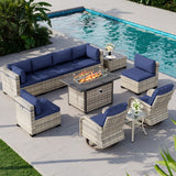 Muphyers 11-Piece Outdoor Patio Furniture Set with Rocking Swivel Chair, Wicker Rattan Sectional Sofa Conversation Set with 55,000 BTU Fire Pit Table, Backyard Furniture, Navy Blue Muphyers