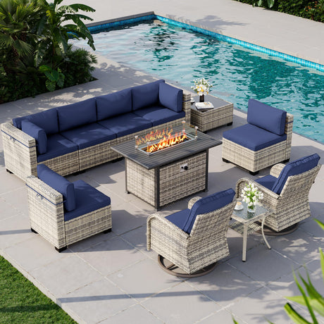 Muphyers 11-Piece Outdoor Patio Furniture Set with Rocking Swivel Chair, Wicker Rattan Sectional Sofa Conversation Set with 55,000 BTU Fire Pit Table, Backyard Furniture, Navy Blue Muphyers