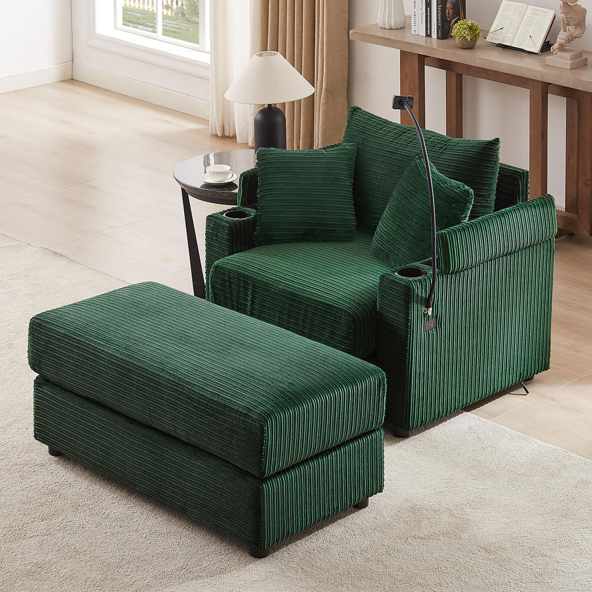 Merax Modern Corduroy Single Sofa with Ottoman, Two USB Ports & Cup Holders, Small Couch with Pillows & Phone Holder for Living Room Green Merax