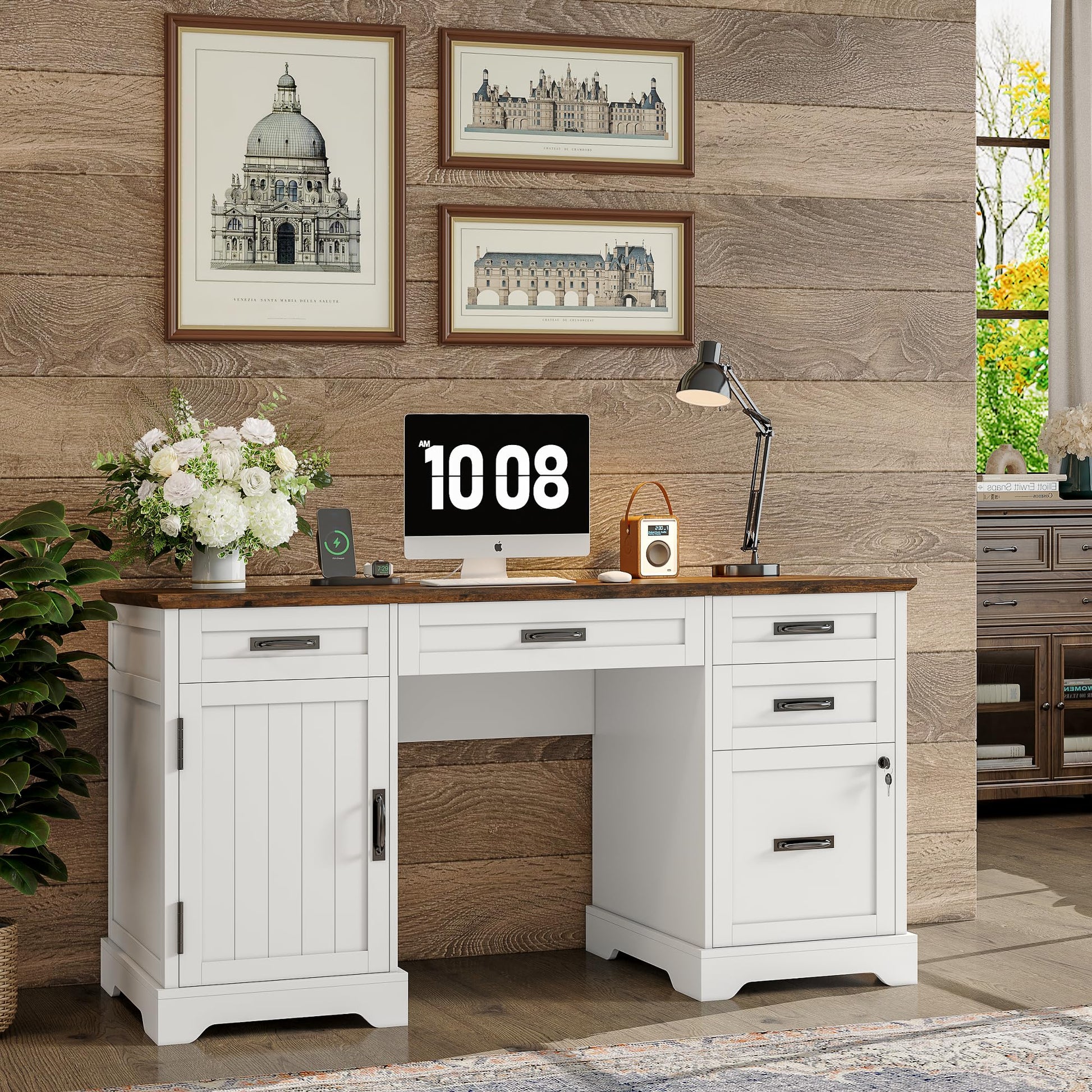 Alohappy 55'' Farmhouse Executive Desk, Home Office Desk with Drawers, Wood Computert Desk with File Cabinet and Power Outlets, White - WoodArtSupply