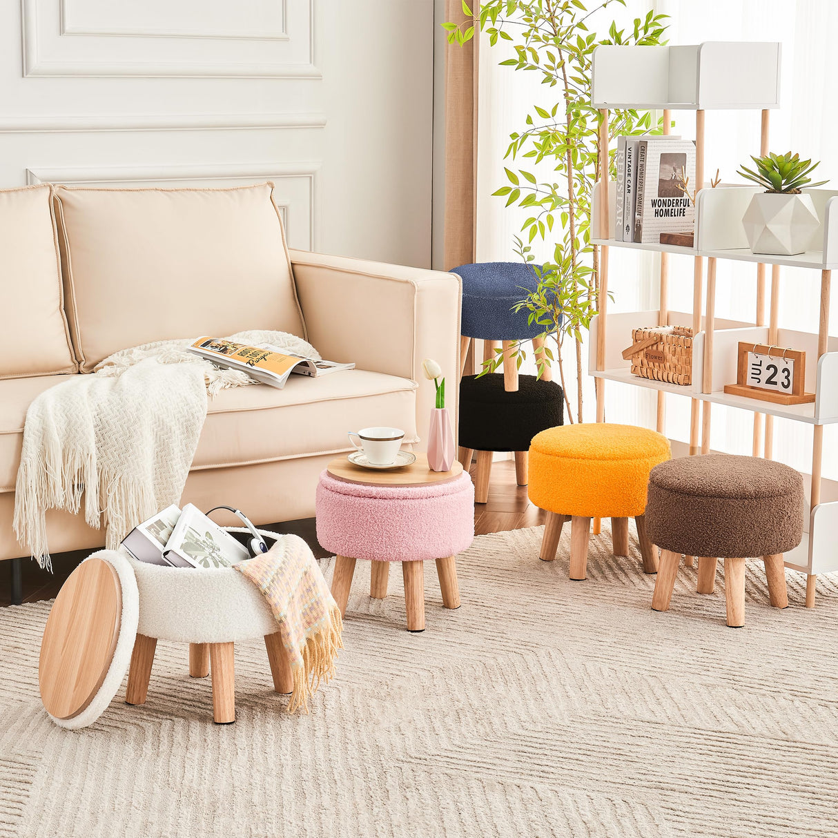 Poofzy Ottoman with Storage, Storage Ottoman, Small Foot Stool Ottoman with Wood Legs, Teddy Velvet Foot Rest for Couch, Living Room and Bedroom - Brown Poofzy