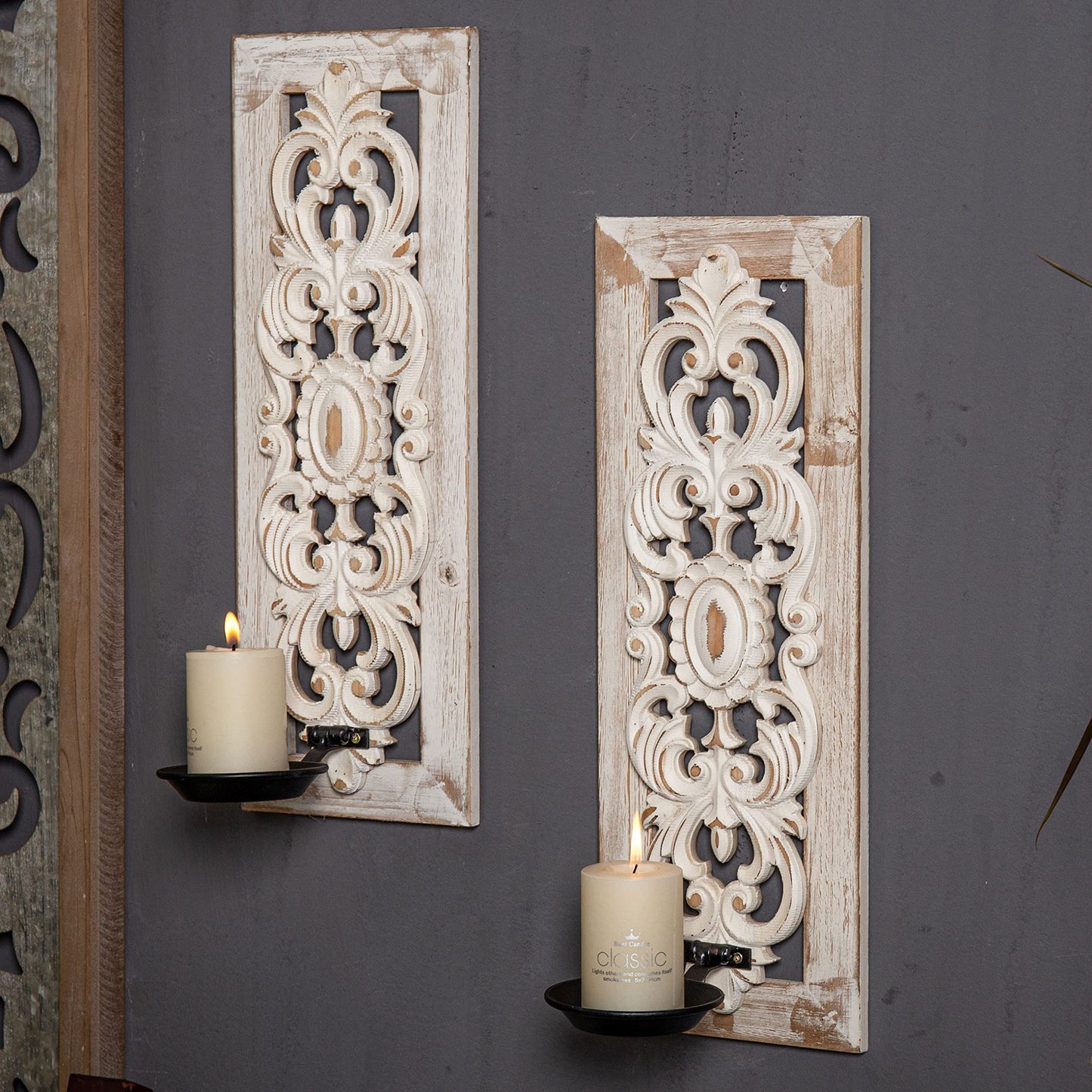 SOFE Openwork Carving Wall Candle Sconces Set of Two, Distressed Finish Wood Candle Holder Wall Decor Living Room, Rustic Farmhouse Candle Wall Sconces, Bedroom Hallway Wall Art Decoration - WoodArtSupply