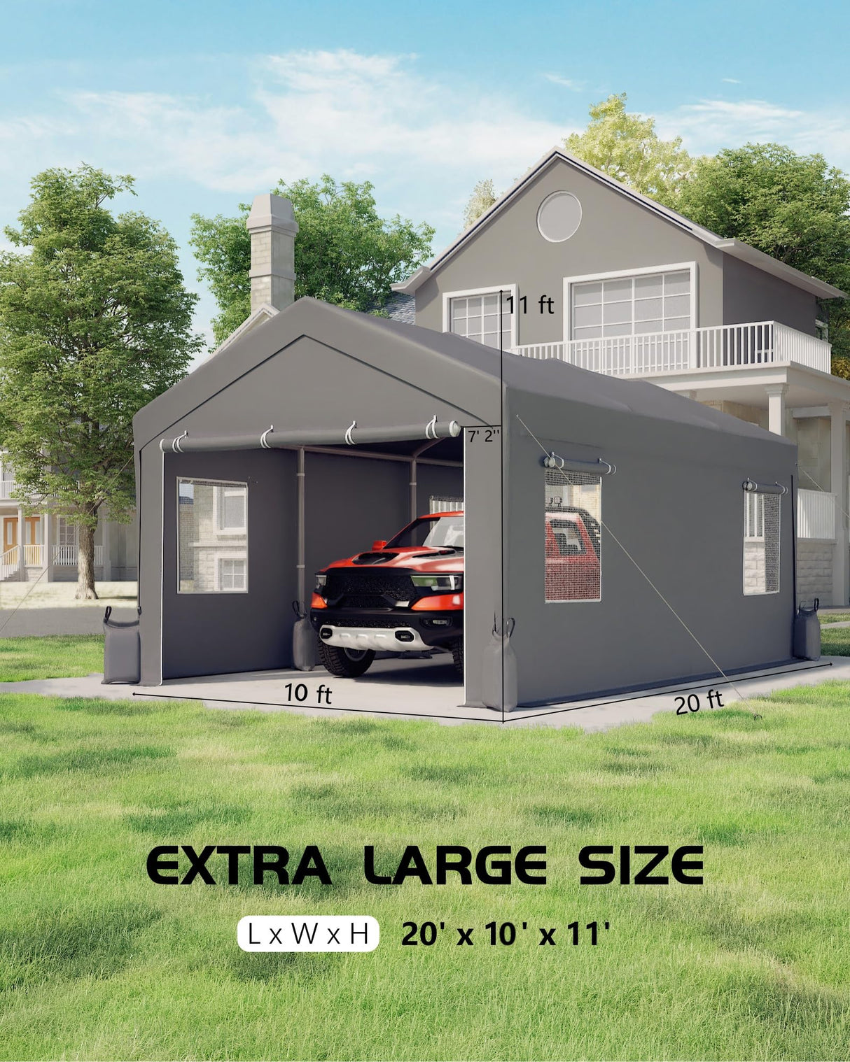 Hipicute 20'x10'x11' Heavy-Duty Portable Garage with Canopy, Front and Back Doors, Roll-Up Windows, Carport Shelter Reinforced Structure for Cars, Trucks, Boats, and Parties - Gray Hipicute