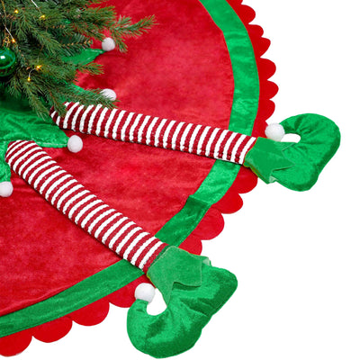 Valery Madelyn Elf Christmas Tree Skirt for Tree Decorations, 36 Inch Fabric Delightful Red Green Small Xmas Velvet Tree Skirt with 3D Elf Legs and Ripple Trim for Tree Merry Christmas Party Decor
