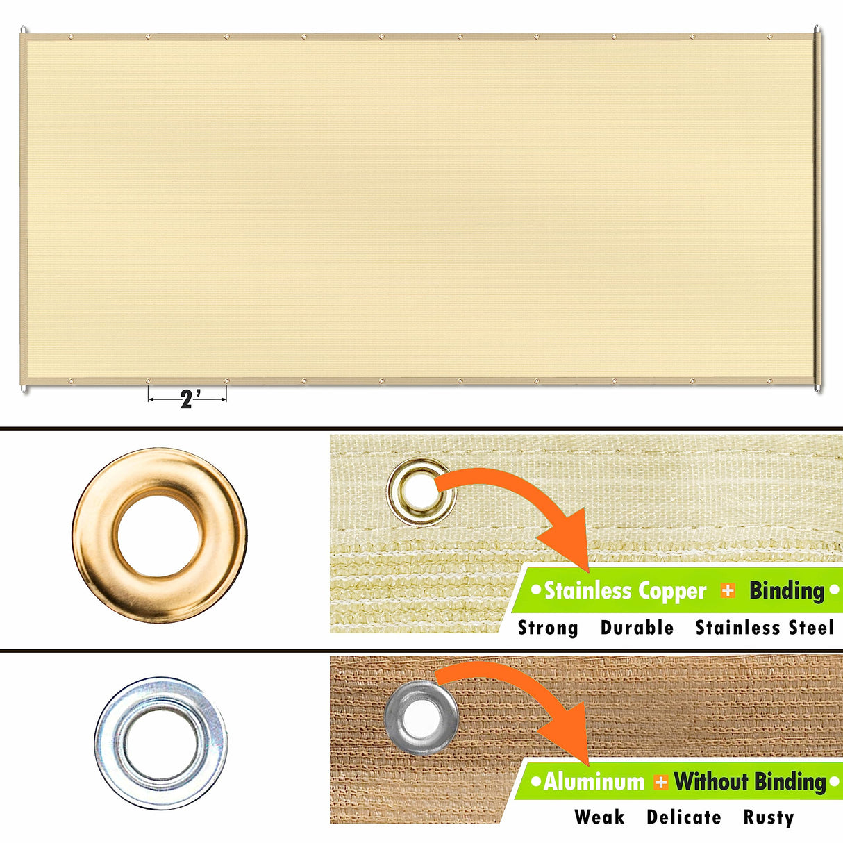 ShadeMart 8' W x 12' L Beige Pergola Shade Cover with Stainless Steel Weighted Rods and Grommets - Outdoor Patio Canopy Replacement - Commercial Grade 260 GSM Cloth (We Make Custom Size) ShadeMart