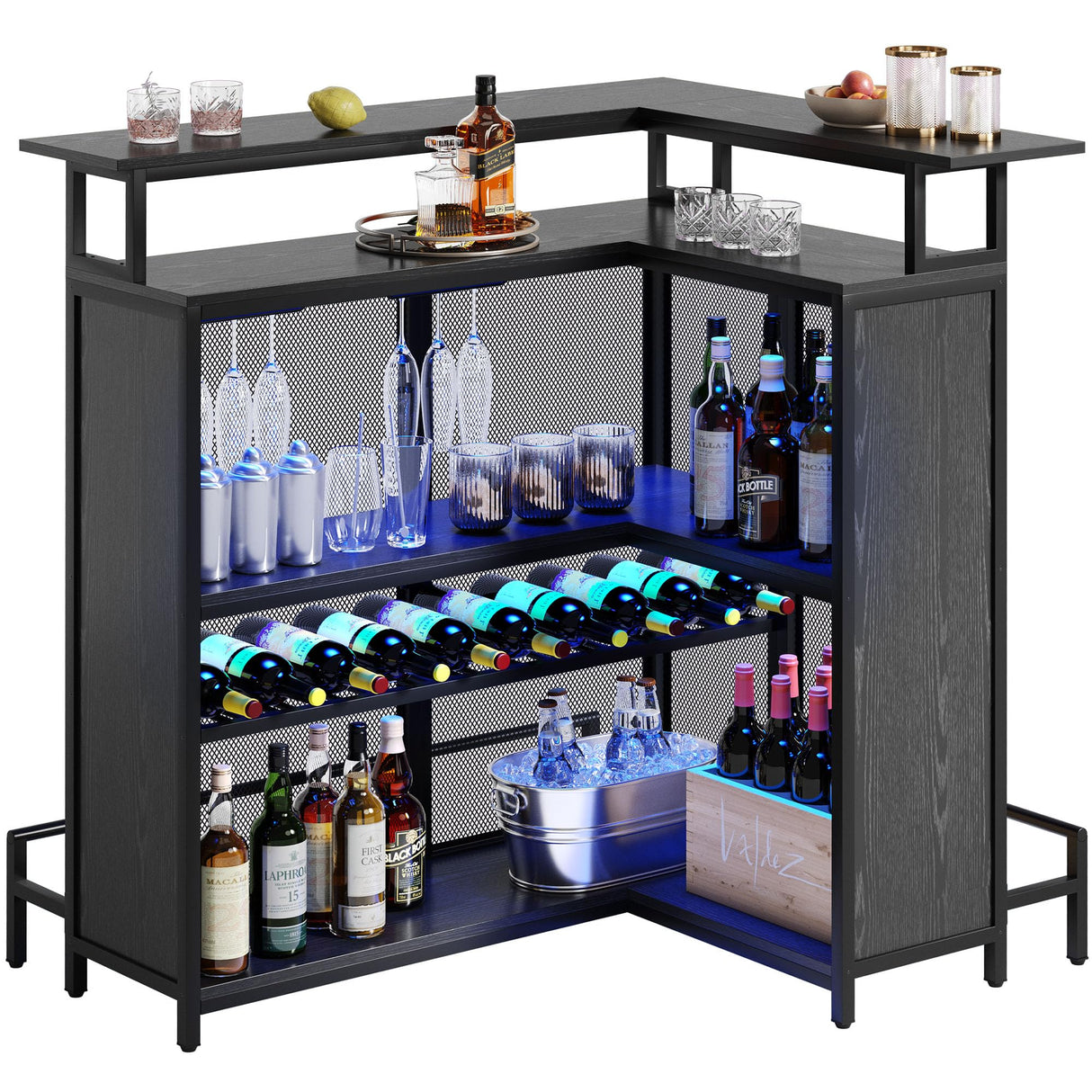 YITAHOME Modern L-Shaped Mini Home Bar Unit with Music-Responsive LED Light and Storage Solutions in Black YITAHOME