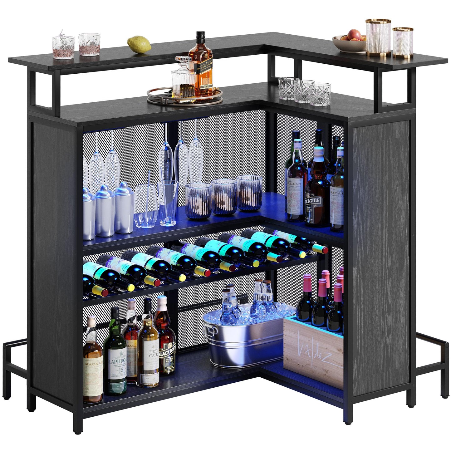 YITAHOME Modern L-Shaped Mini Home Bar Unit with Music-Responsive LED Light and Storage Solutions in Black - WoodArtSupply