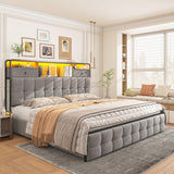 EnHomee King Bed Frame with 4 Storage Drawers King Size Bed Frame with Headboard Built in Charging Station and LED Lights, No Noise, No Box Spring Needed, Easy Assembly, Grey EnHomee