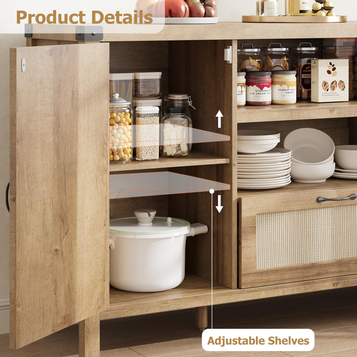 Senfot 47.2" Rattan Sideboard Buffet Cabinet with Storage, Farmhouse Kitchen Buffet Cabinet with Drawer, Boho Wooden Coffee Bar Cabinets with Open Shelves, for Dining Room, Living Room, Natural Senfot