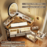 FREDEES Corner Vanity with Mirror and Lights,Modern Makeup Vanity Set with Charging Station for Bedroom/Cloakroom,Glass Top Vanity Table with Drawers and Shelves,White FREDEES