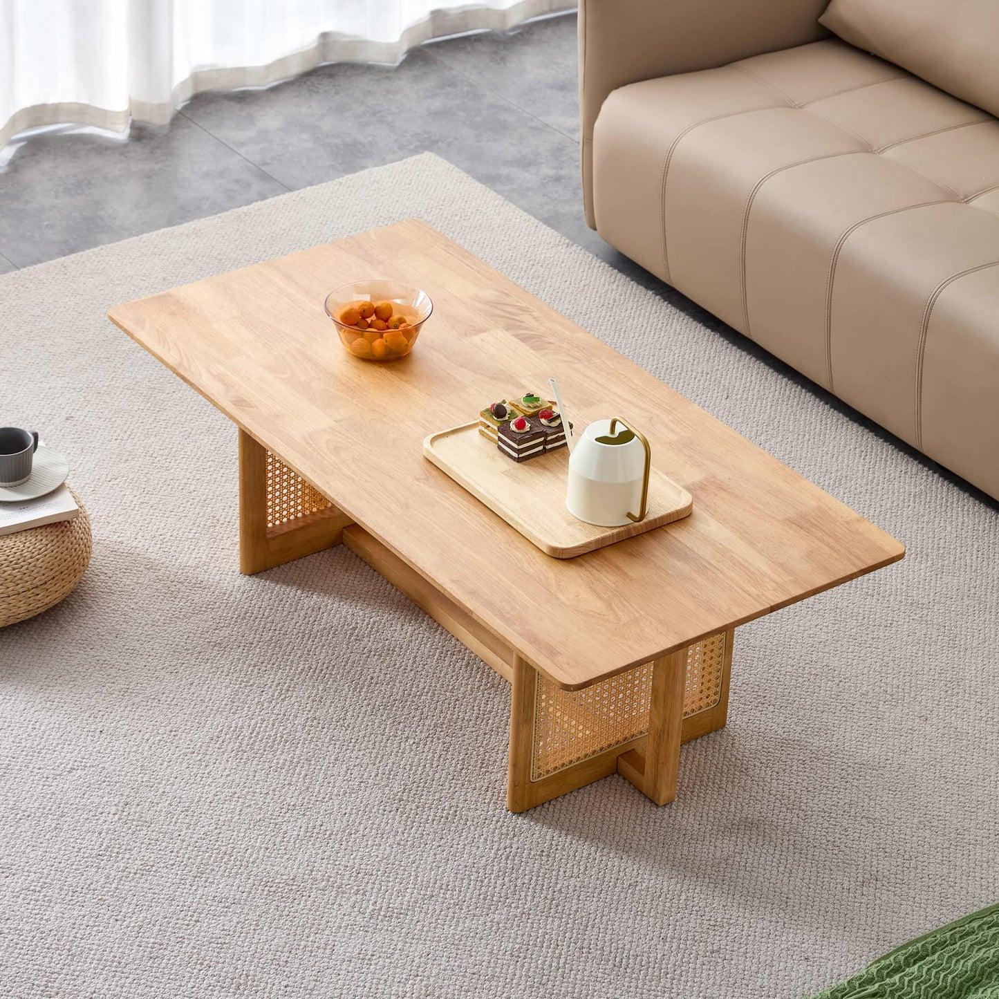 LUSPAZ Rattan Coffee Table Rectangular Solid Wood Coffee Table with Cross Table Legs for Living Room Furniture - WoodArtSupply