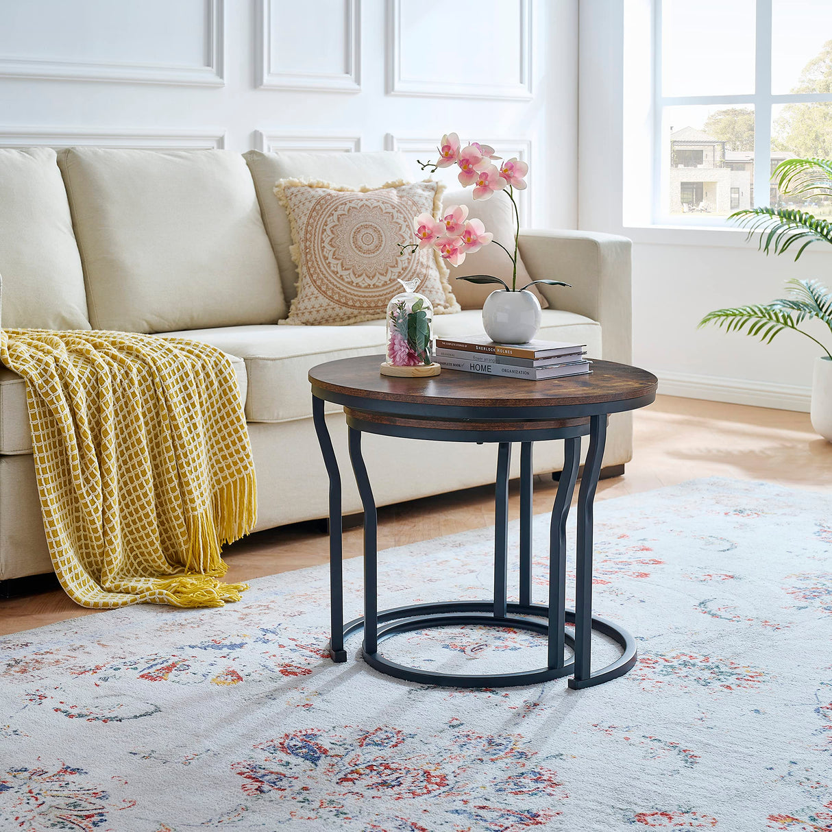 Hoctieon Nesting Coffee Tables, Round Nesting Tables Set of 2, End Tables, Stacking Nesting Tables for Living Room, Circle Coffee Tables, Side Tables Wooden Table Top, Rustic Brown Hoctieon