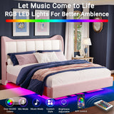 LIKIMIO Pink Floating Bed Frame King with Cat Ear Headboard and LED Lights LIKIMIO