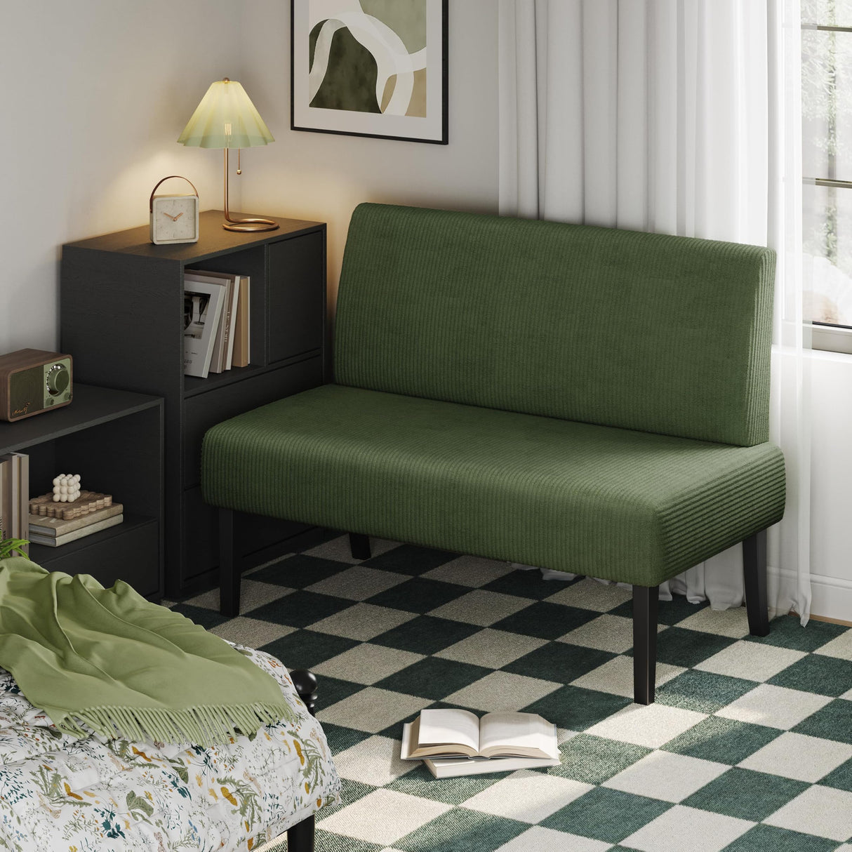 Yaheetech Small Mini Sofa Couch Armless Loveseat Futon for Bedroom, Corduroy Fabric & Easy Assembly, for Small Spaces Living Room,Dorm,Office,Apartment, Green Yaheetech