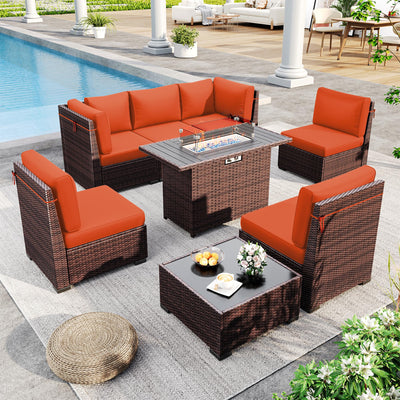 Poteban Outdoor Patio Furniture Set with 44" Fire Pit Table 8 Pieces Rattan Patio Sectional Sofa Conversation Set w/55000 BTU Propane Gas Fire Pit, Coffee Table, 2 Waterproof Covers, Orange