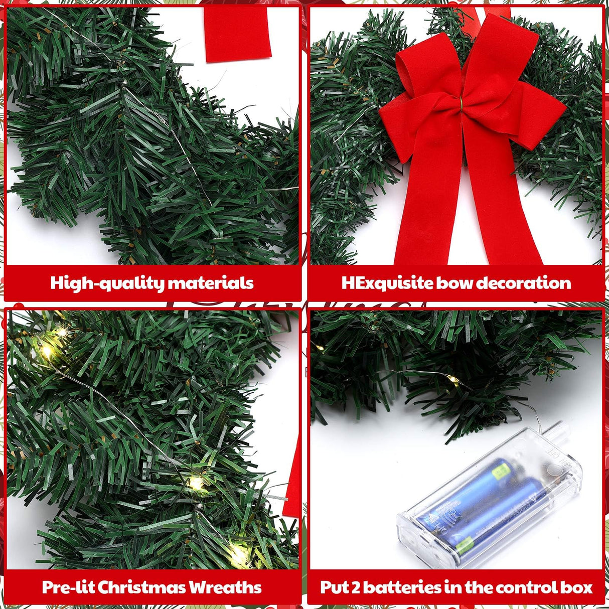 Yuxung 6 Pcs 14 Inch Pre Lit Christmas Wreath with Lights Mini Artificial LED Christmas Front Door Wreath with Red Bow for Xmas Holiday Party Decorations Table Fireplaces Porch Wall Ornament Yuxung