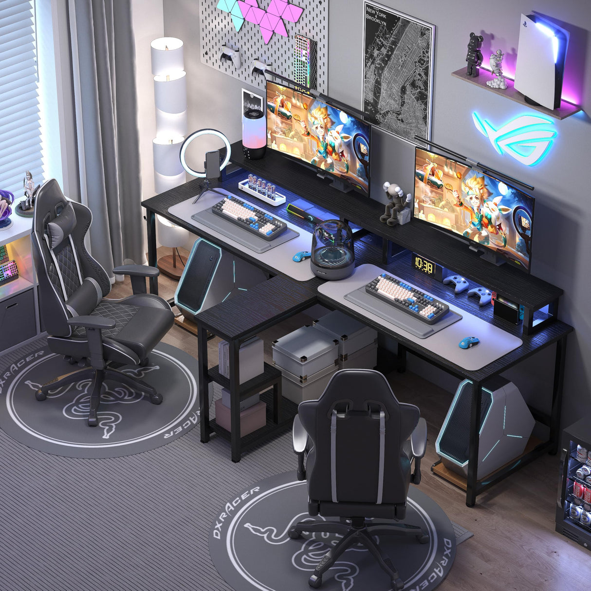 MUTUN Two Person Desk, 83.7 Inch Computer Office Double Desk with Monitor Stand and Power Outlets, Rustic Writing Desk Workstation with Shelves, Long Desk for Home Office, Black MUTUN