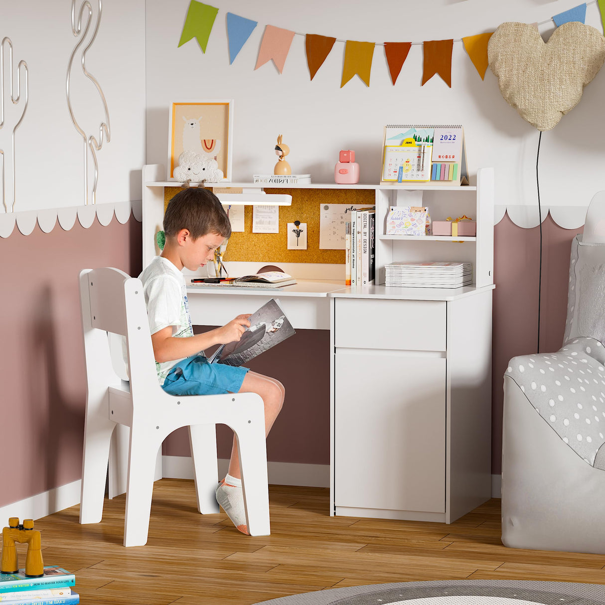 PAKASEPT Kids Desk and Chair Set,Kids Study Desk with 3-Color Lights(Not Rechargeable),Tiltable Desktop,Multi Functional Table for Kids 5-12,Student Writing Desk with Hutch,Storage Cabinet for Bedroom PAKASEPT