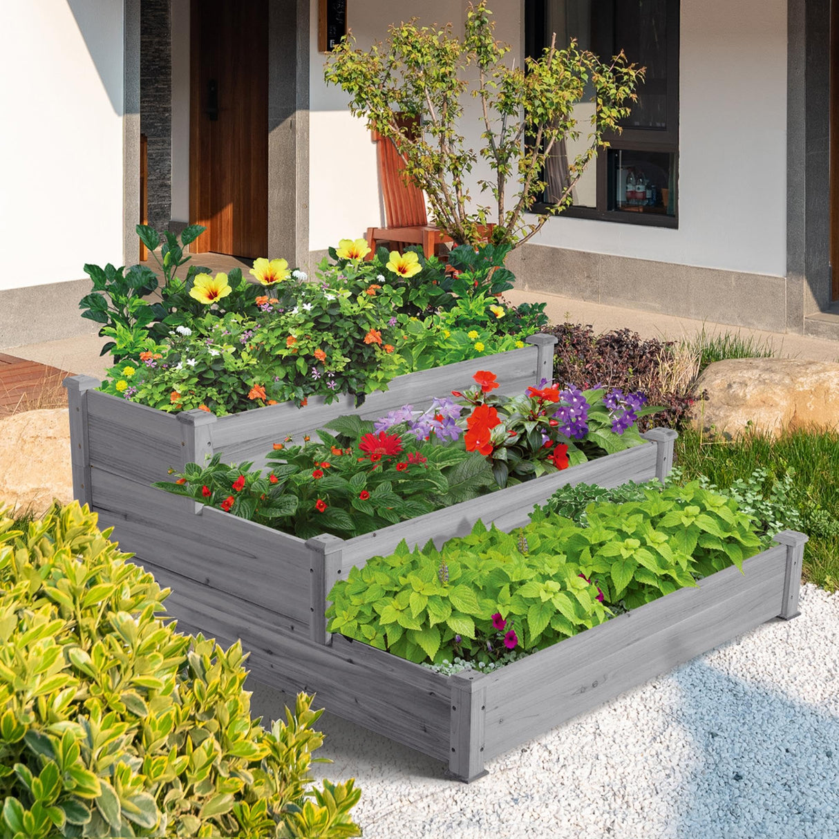 Yaheetech 3 Tier 47 x 47 x 22in Raised Garden Bed Horticulture Outdoor Elevated Flower Box Tiered Garden Bed Wooden Vegetables Growing Planter for Backyard/Patio/Gardener, Gray Yaheetech