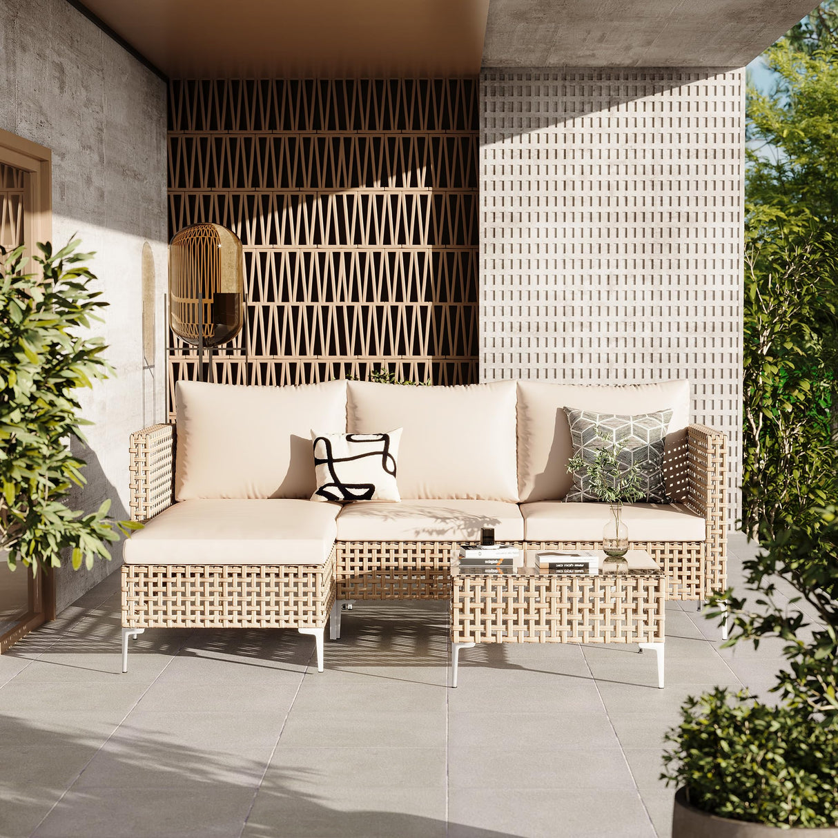 JHSDFOUIH Patio Furniture Set, Outdoor Couch with Glass Coffee Table&Thick Cushion, Wicker Chaise Longue Sofa Set, All-Weather PE Rattan Conversation Set for Garden, Deck, Poolside(3pcs Yellow&Beige) JHSDFOUIH