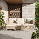 JHSDFOUIH Patio Furniture Set, Outdoor Couch with Glass Coffee Table&Thick Cushion, Wicker Chaise Longue Sofa Set, All-Weather PE Rattan Conversation Set for Garden, Deck, Poolside(3pcs Yellow&Beige) JHSDFOUIH