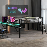 SOFTSEA Black Low Loft Bed with Desk, LED Lighting & Storage Space for Kids SOFTSEA