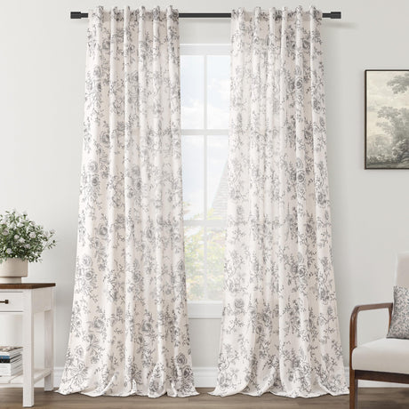 Floral Linen Curtains 108 inch Length for Living Room Black and Cream Patterned Curtains Sketch Print Burlap Textured Rustic Farmhouse Country Curtains Shabby Chic Extra Long Floral Drapes 9 FT Meikelor