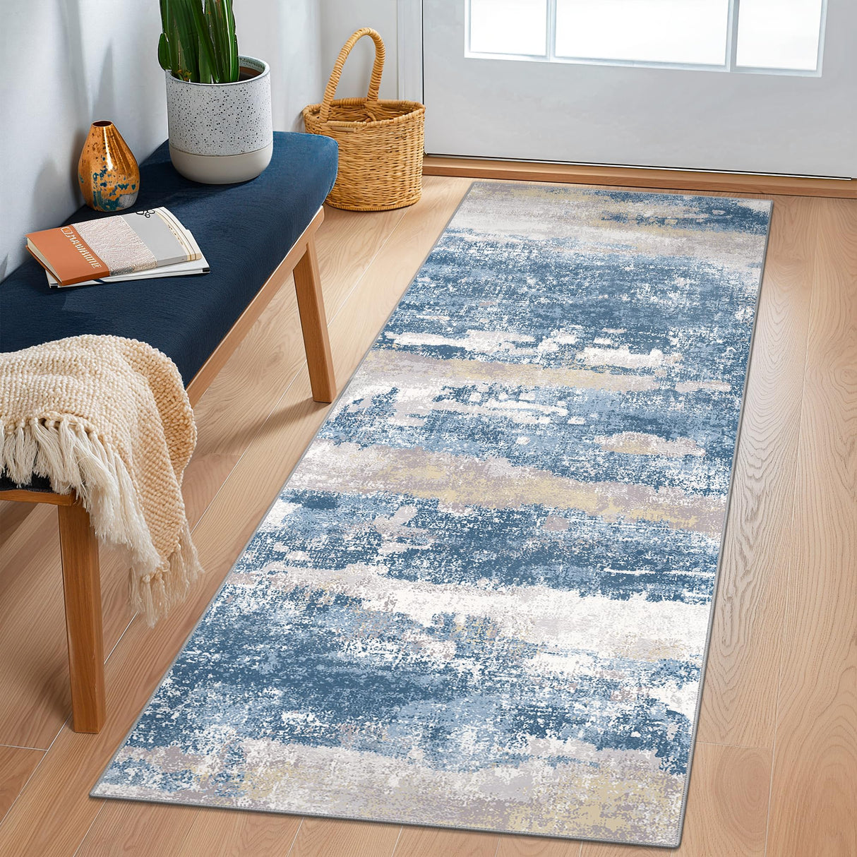 BEIMO Runner Rug for Hallway Kitchen 2x6 Machine Washable Runners Rug for Entryway, Blue Cream Soft Modern Abstract Throw Rugs, Floor Carpet with Non Slip Rubber Backing BEIMO