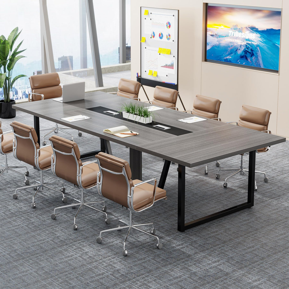 Tribesigns 8FT Conference Table, 94.49 L x 47.24 W x 29.53 H Inches Large Meeting Podcast Table for 10 People, Business Style Wooden Training Table with Strong Metal Frame for Office Conference Tribesigns